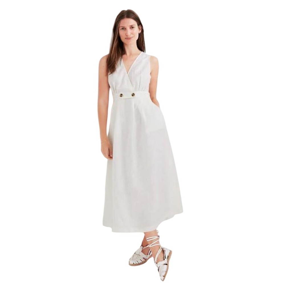 Madewell White Linen Wrap Midi Dress Buttons V Neck Sleeveless pockets Size 8‎